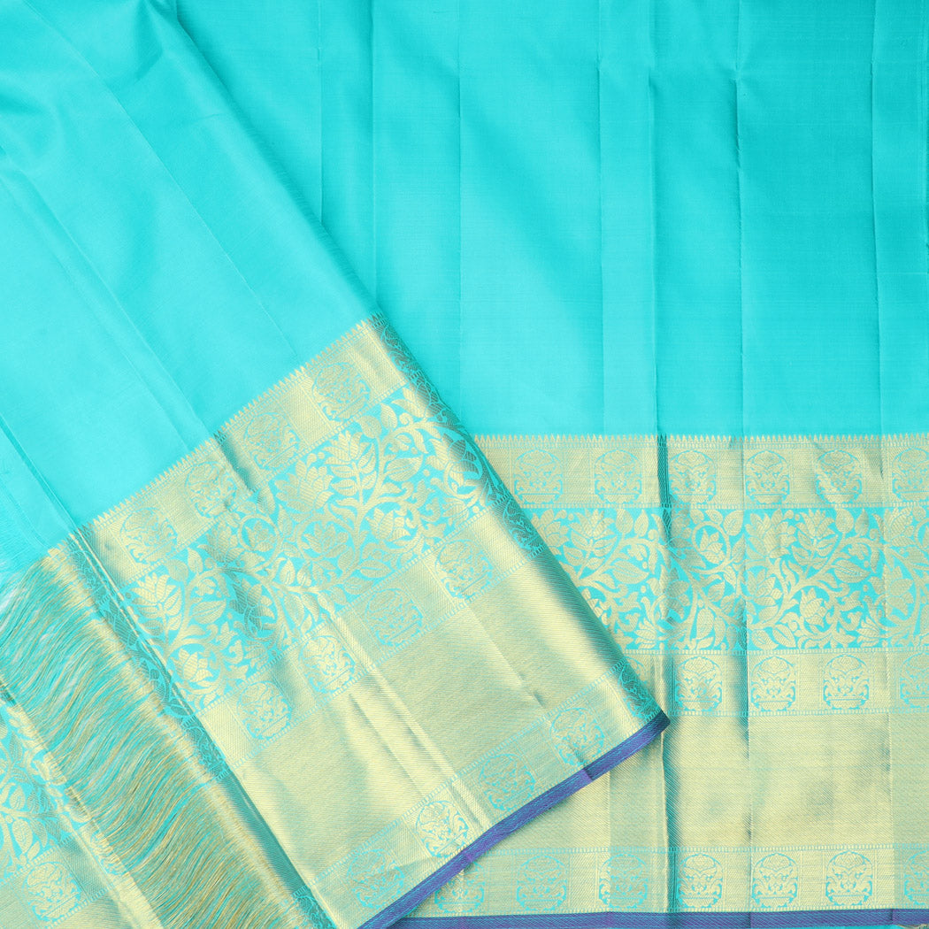 Bright Blue Kanjivaram Silk Saree With Floral Motif Pattern
