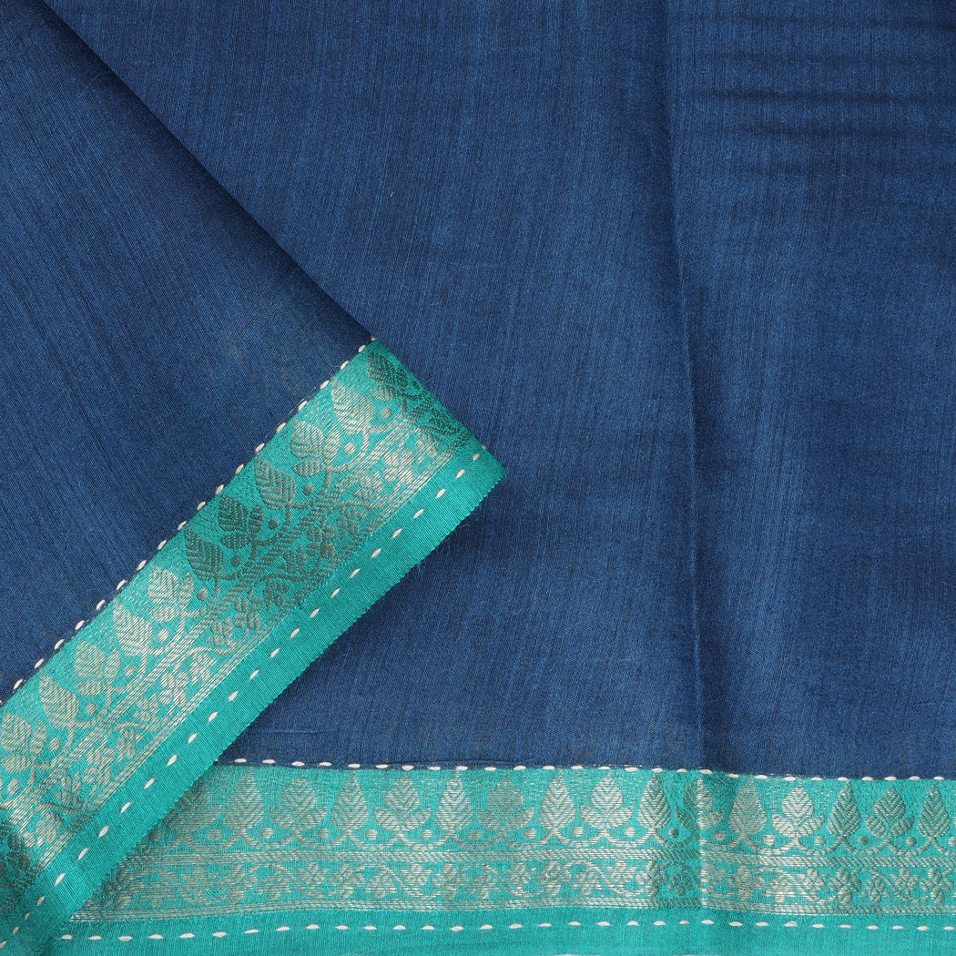 Blue Printed Tussar Saree With Kantha Embroidery