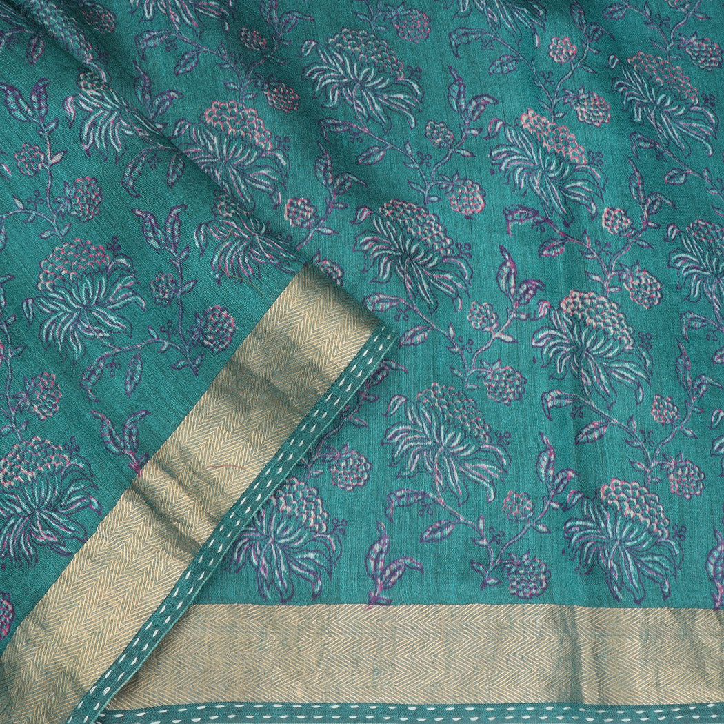 Teal Green Tussar Saree With Kantha Embroidery