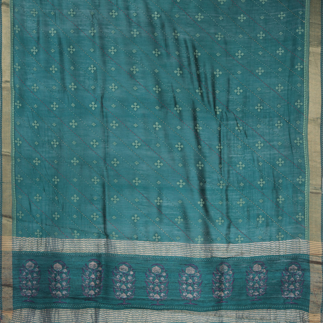 Teal Green Tussar Saree With Kantha Embroidery