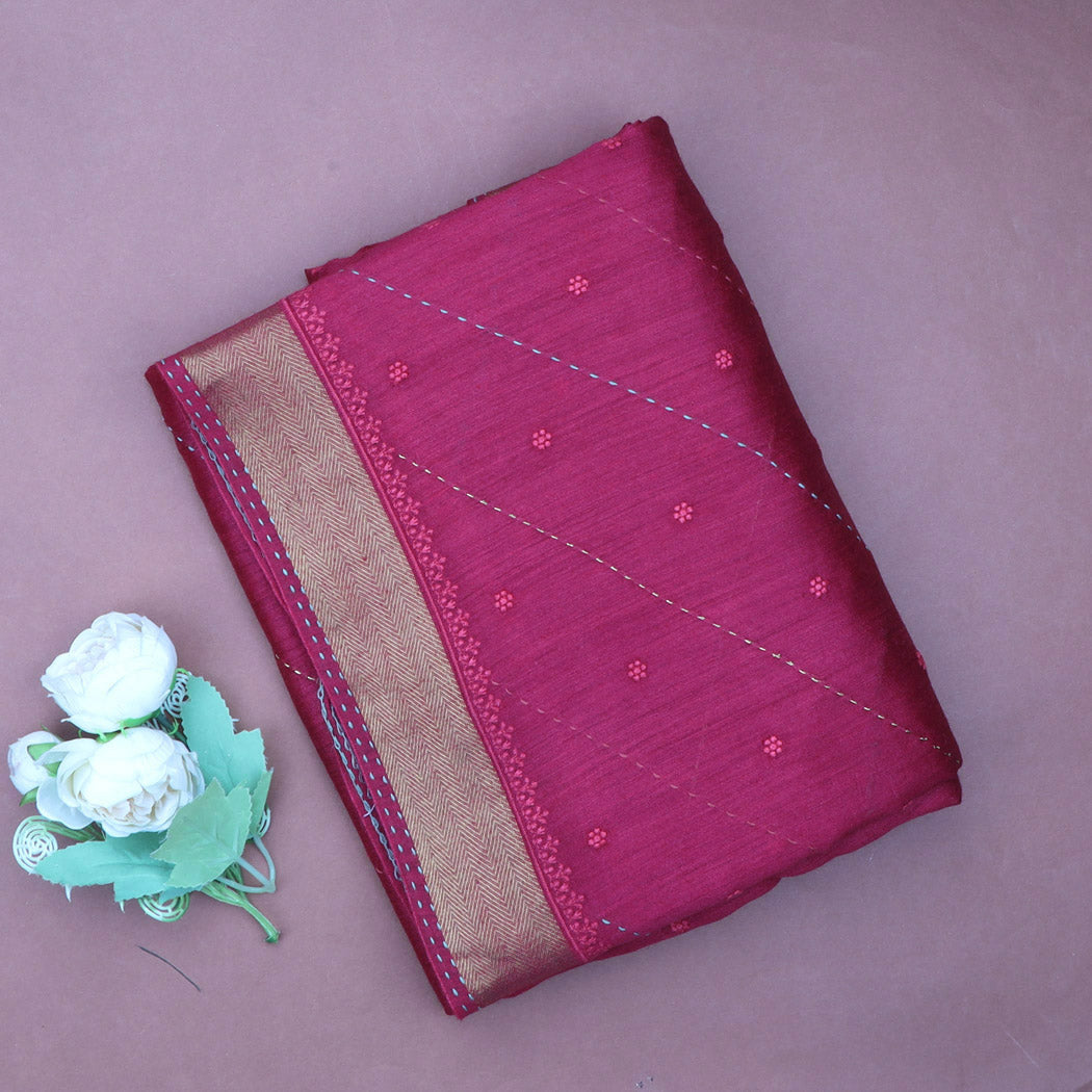 Rogue Pink Tussar Saree With Kantha Embroidery