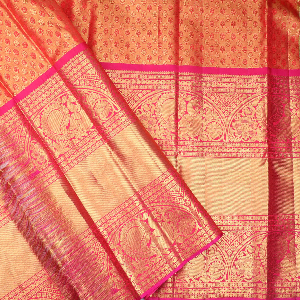 Golden Yellow Tissue Kanjivaram Silk Saree With Floral And Mayil Pattern