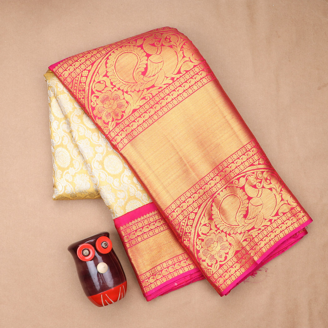 Golden Yellow Tissue Kanjivaram Silk Saree With Floral And Mayil Pattern