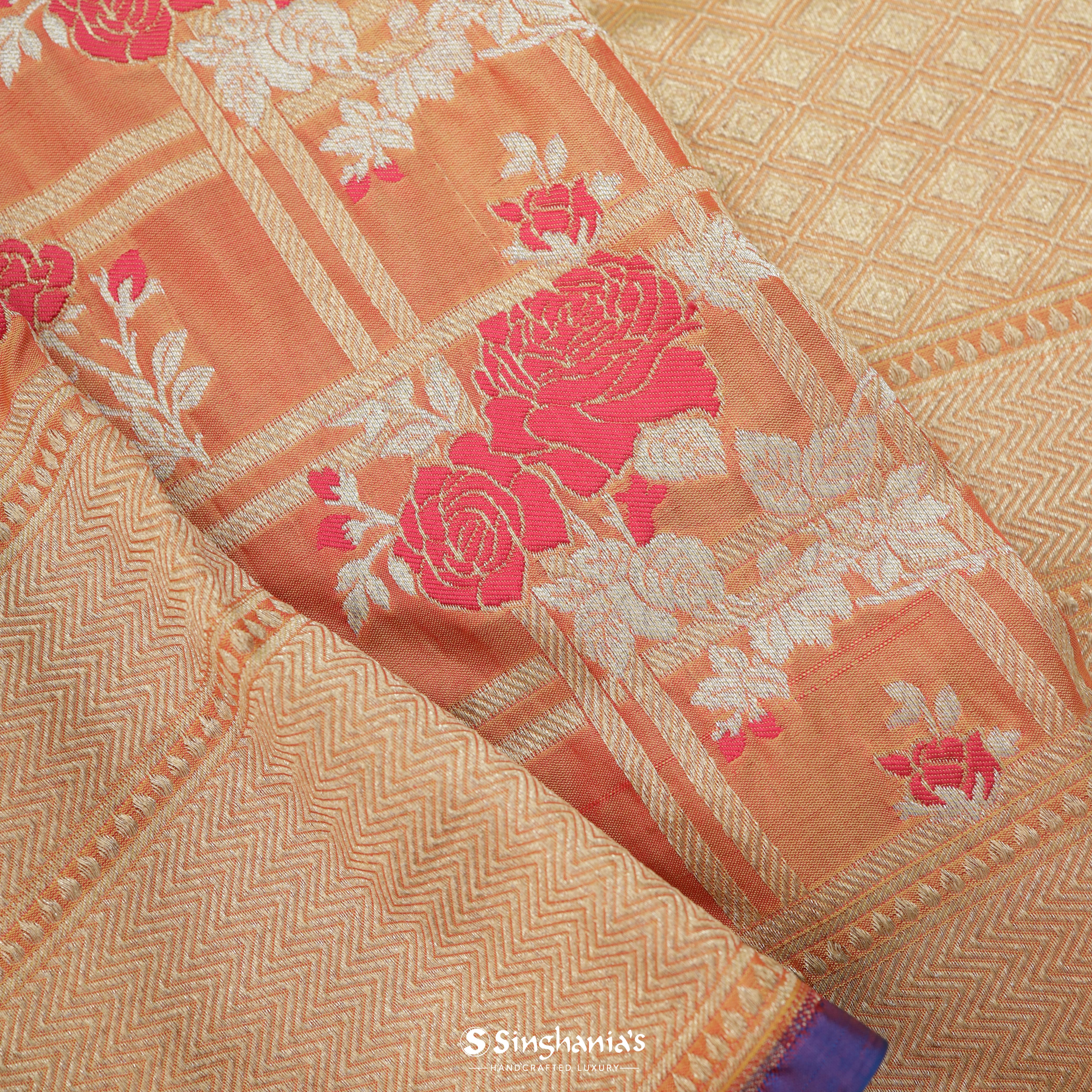 Fanta Orange Silk Banarasi Saree With Floral Pattern