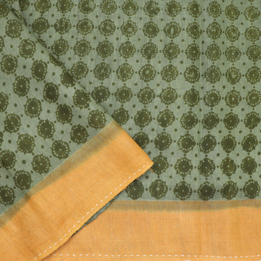 Sage Green Tussar Embroidery Saree With Chevron Printed Pattern
