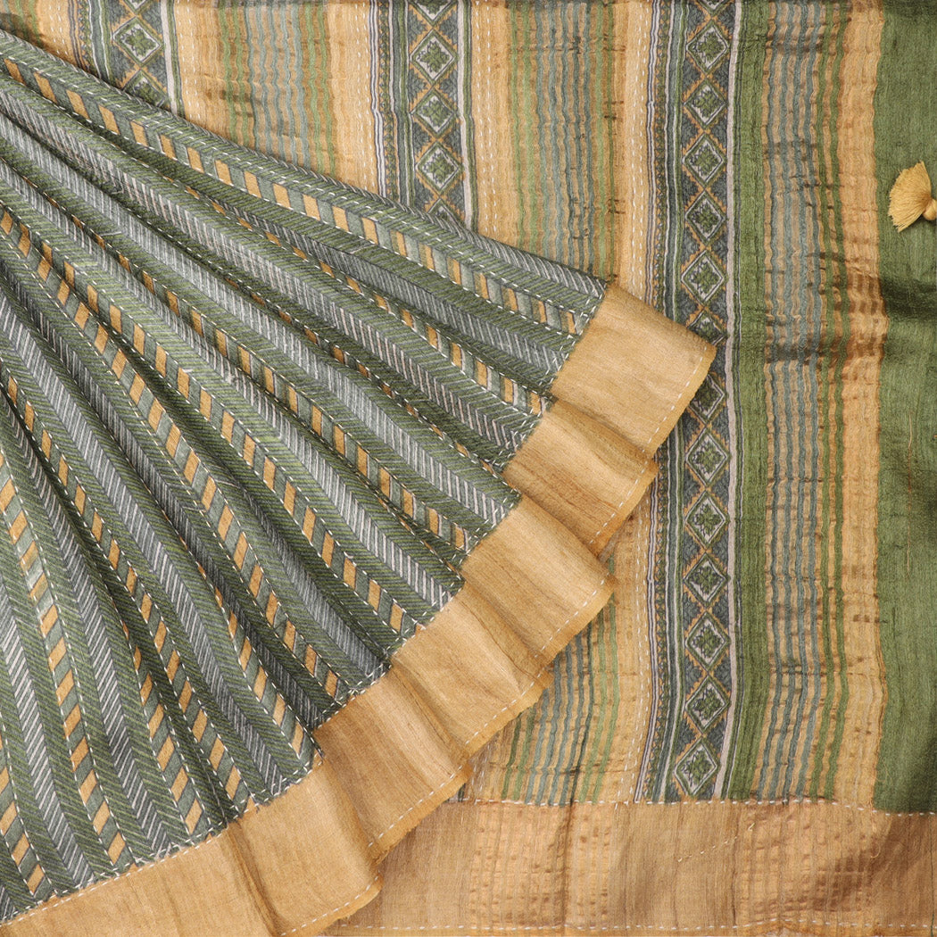Sage Green Tussar Embroidery Saree With Chevron Printed Pattern