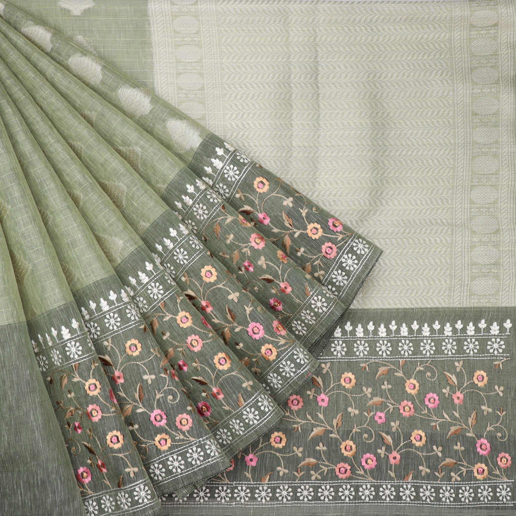 Sage Green Tissue Embroidery Banarasi Saree