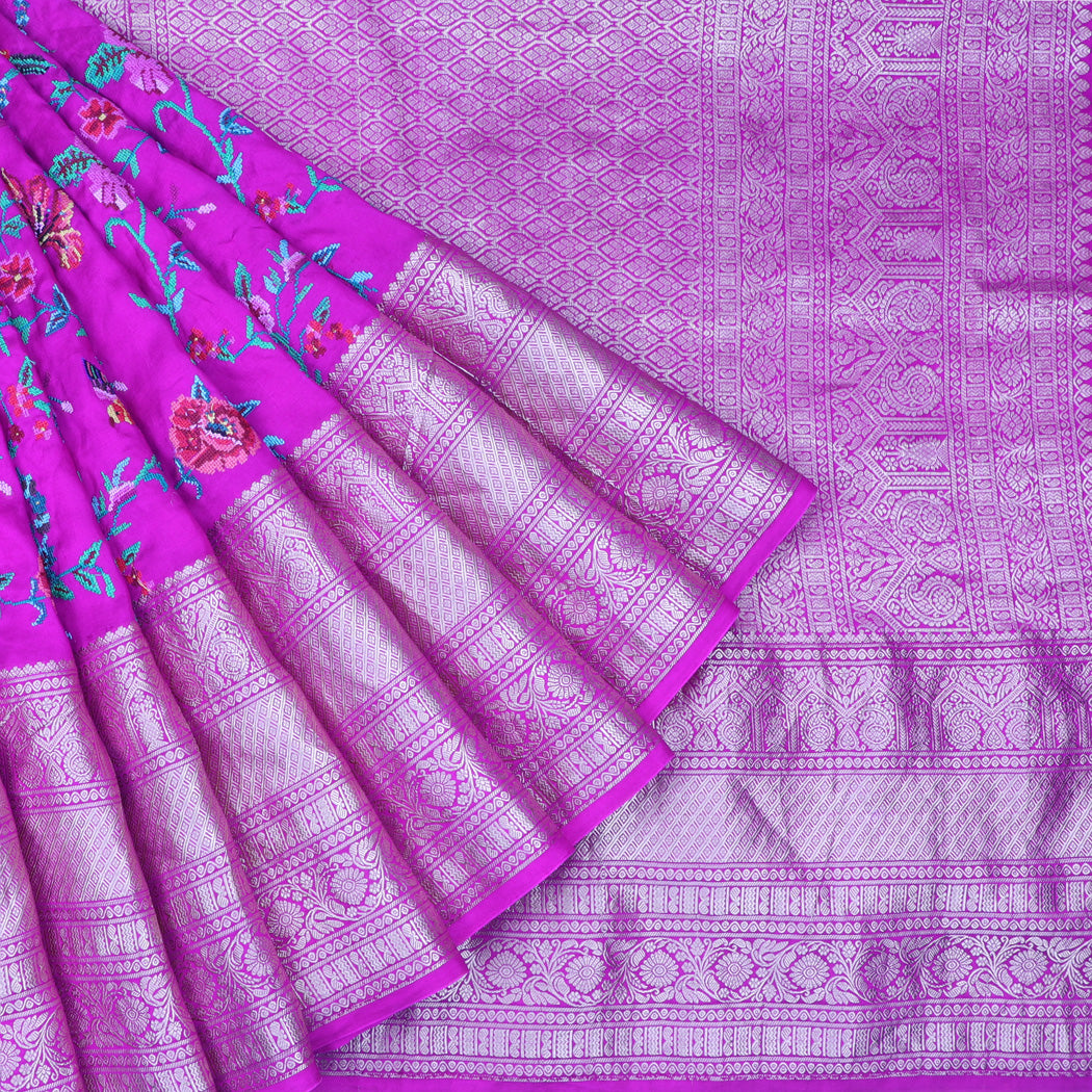 Purple Pink Silk Saree With Floral Embroidery