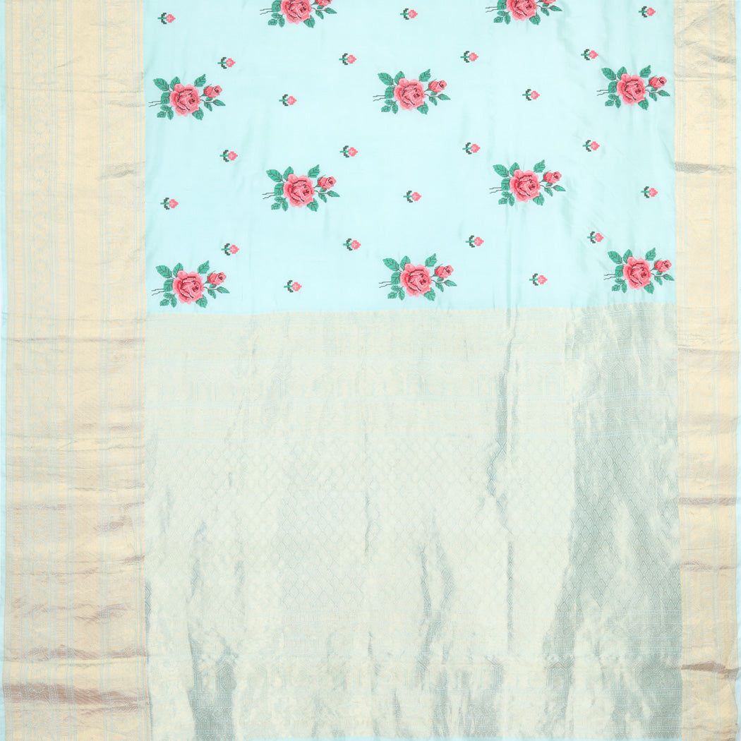 Pastel Blue Silk Saree With Floral Embroidery