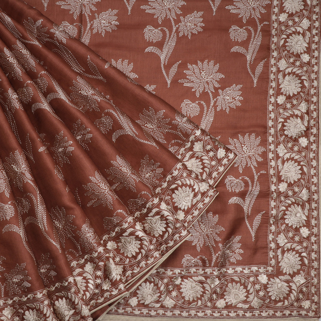 Wood Brown Silk Saree With Floral Embroidery