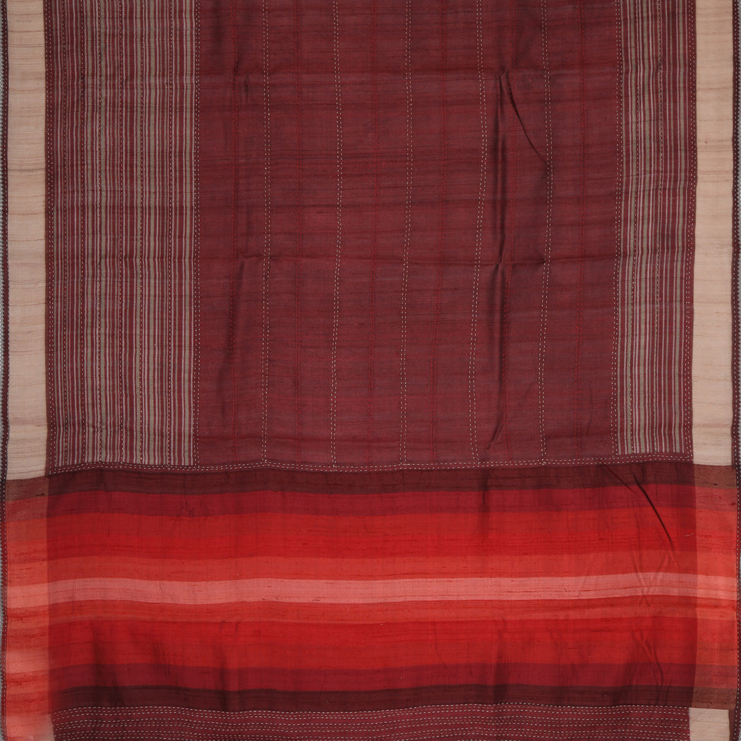 Dark Maroon Printed Tussar Saree With Embroidery
