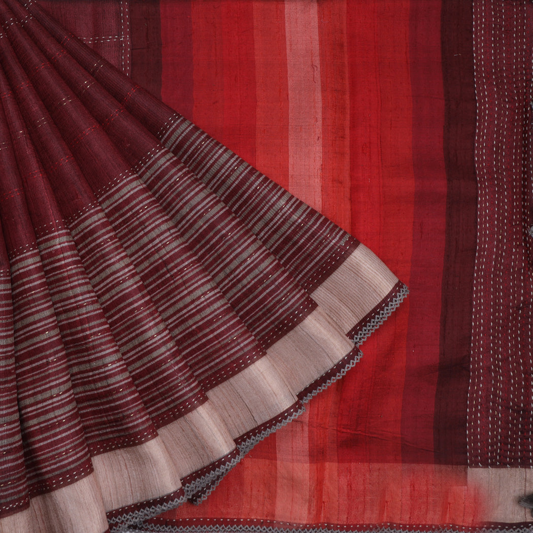 Dark Maroon Printed Tussar Saree With Embroidery