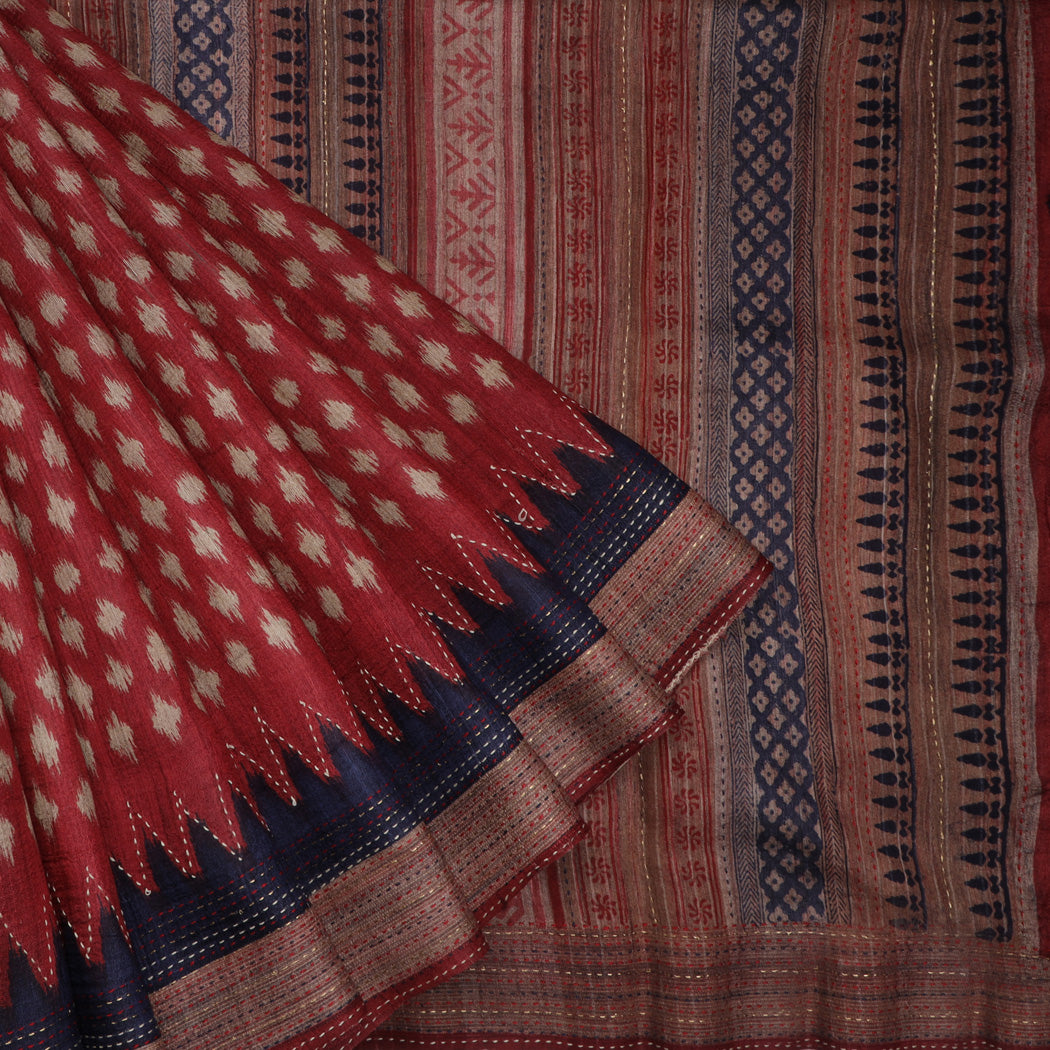 Brick Red Printed Tussar Saree With Embroidery