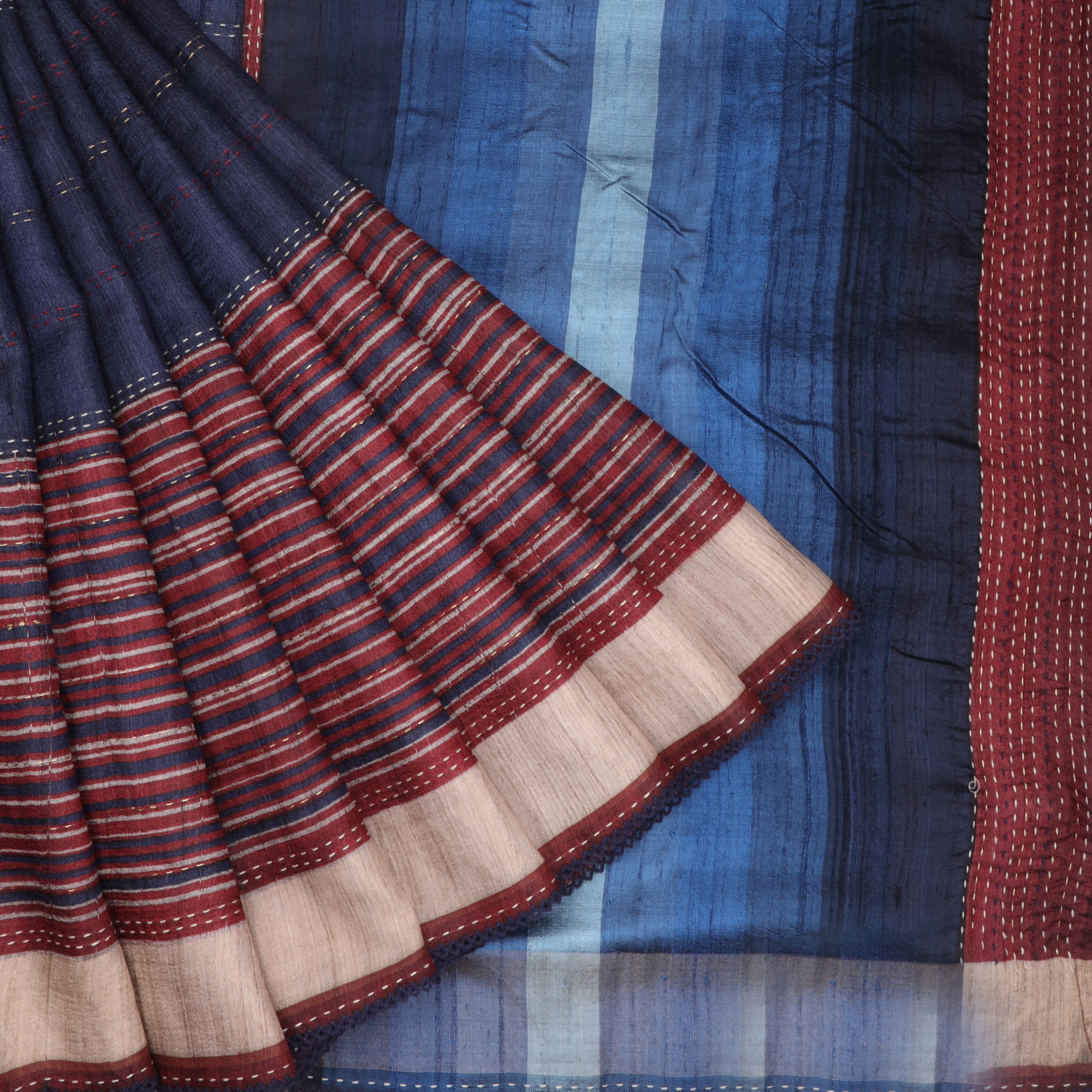 Dark Blue Printed Tussar Saree With Embroidery