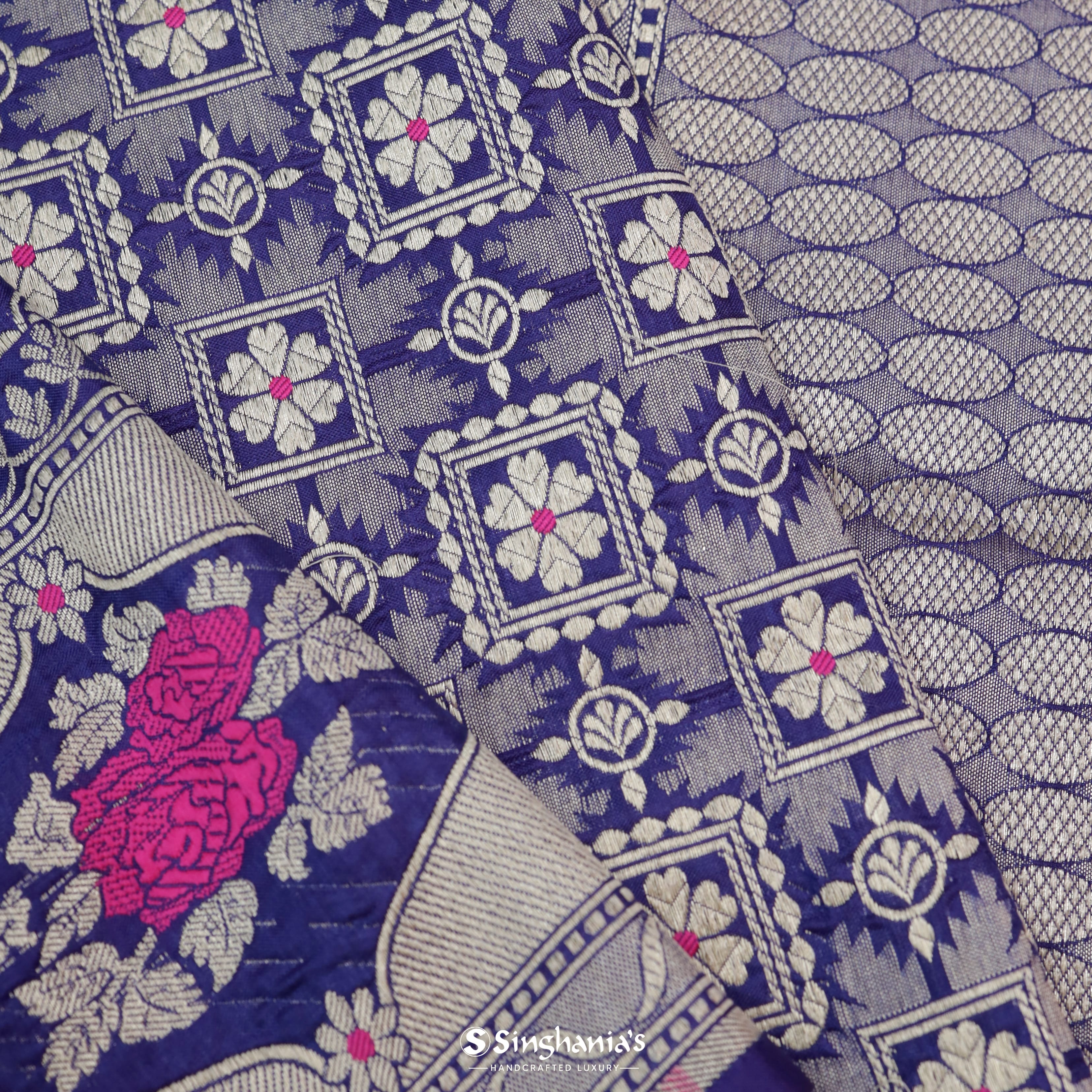 Bright Blue Silk Banarasi Handloom Saree With Geometrical Pattern