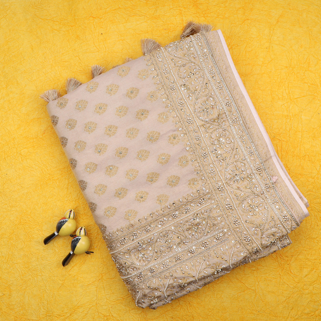Pale Pink Tissue Silk Saree With Floral Buttas And Sequin Embroidery