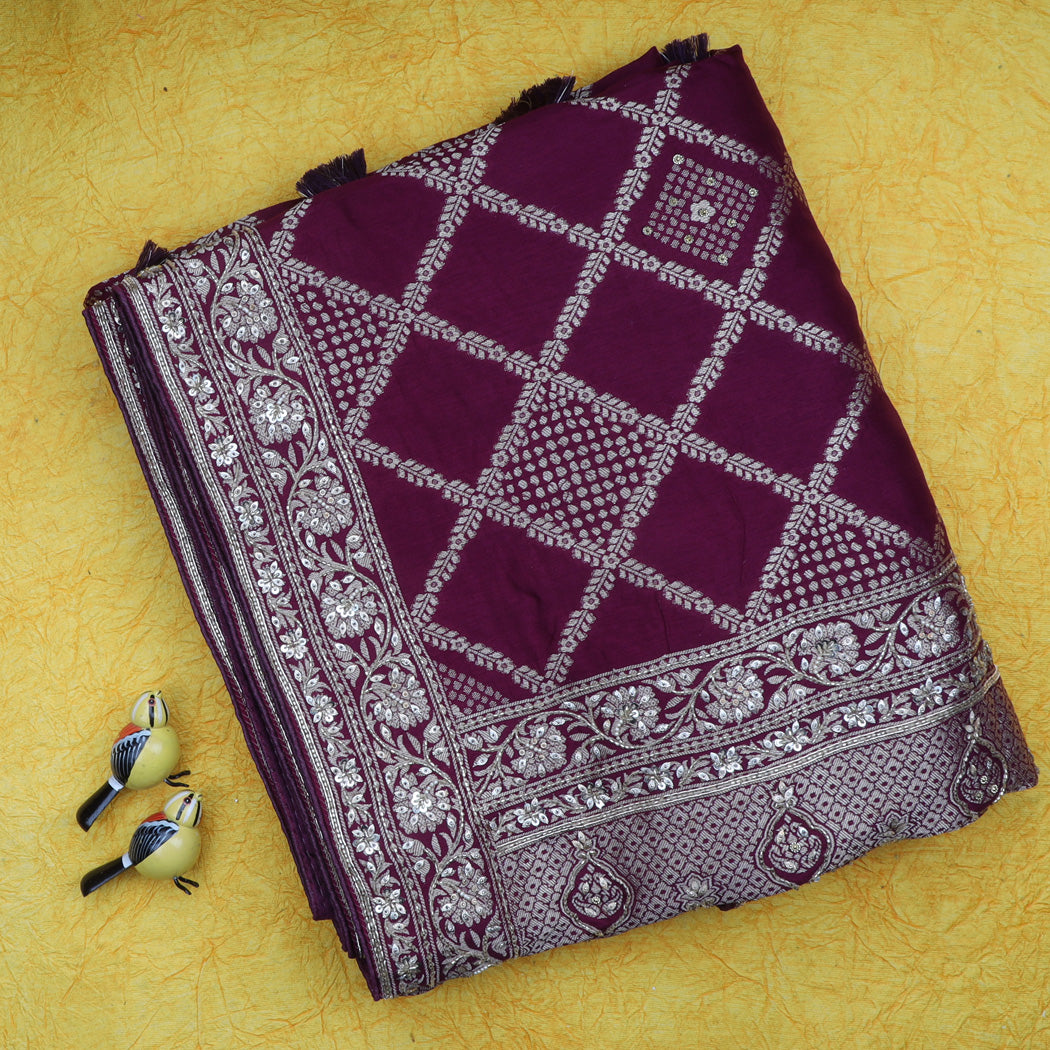 Dark Purple Embroidery Silk Saree With Bandhani Print