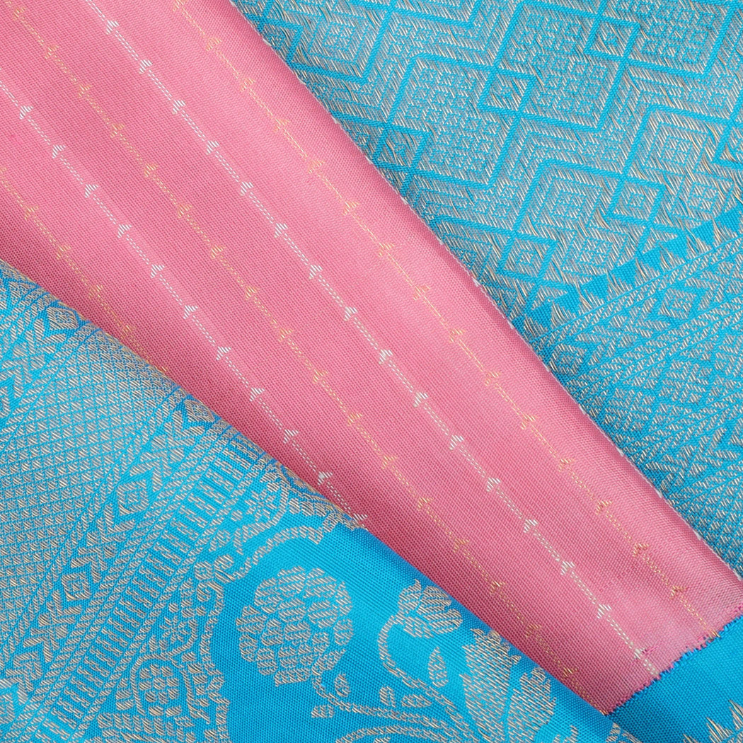 Watermelon Pink Kanjivaram Silk Saree With Stripes Pattern
