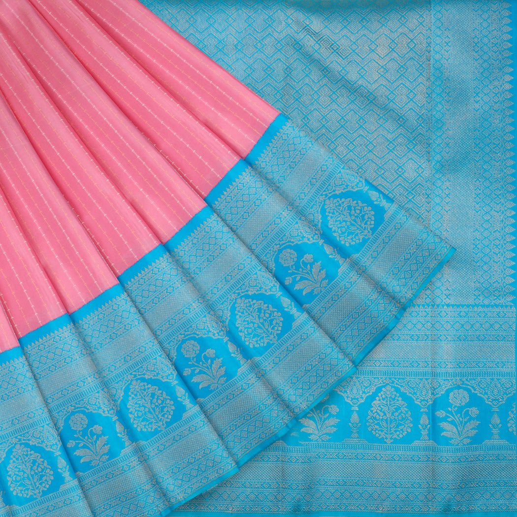 Watermelon Pink Kanjivaram Silk Saree With Stripes Pattern