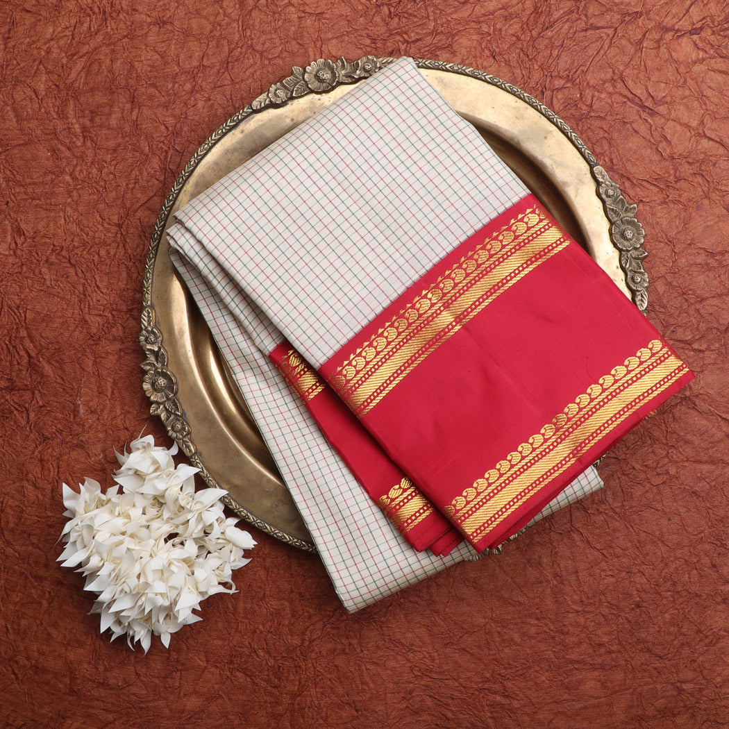 White Kanjivaram Silk Saree With Checks Pattern