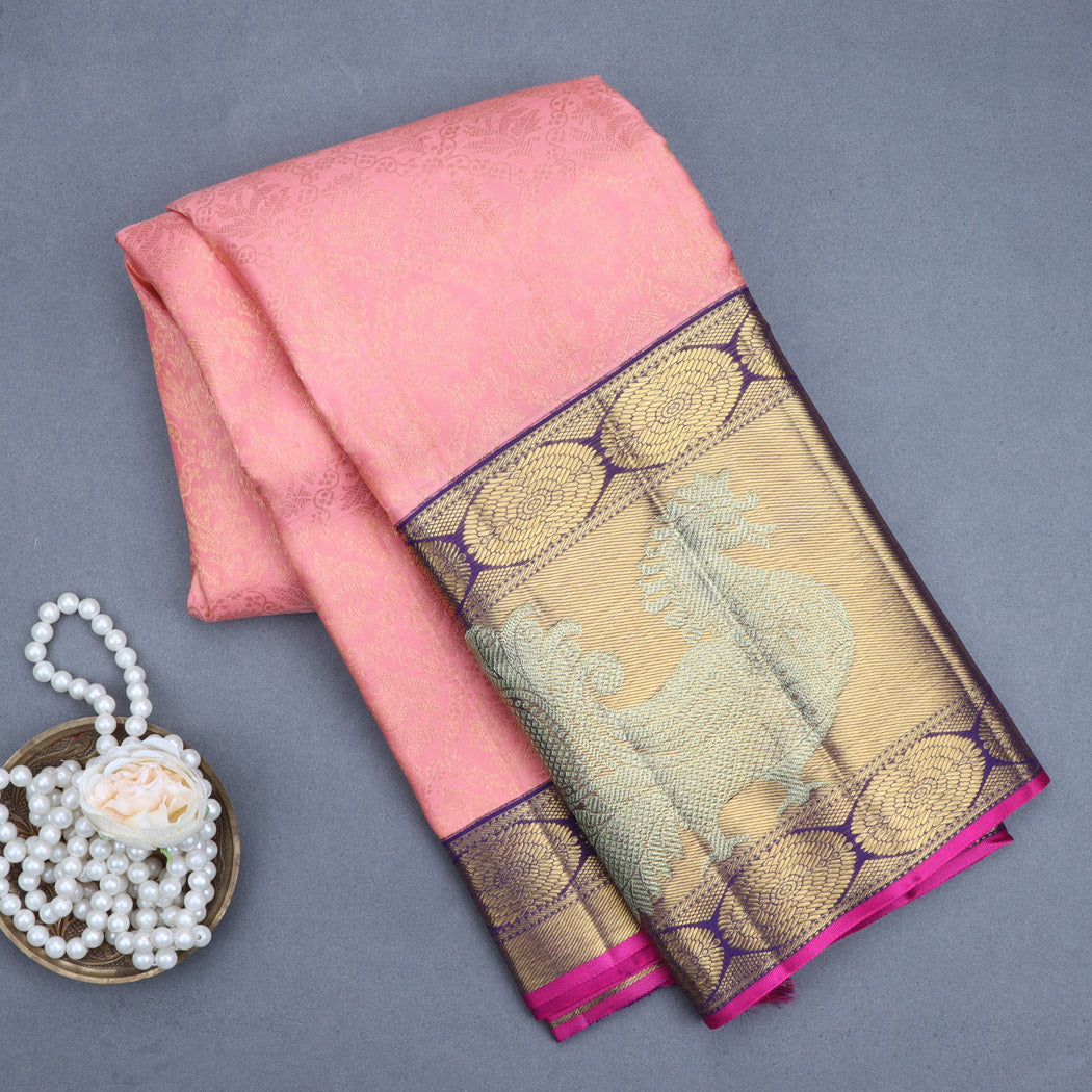 Peach Pink Kanjivaram Silk Saree With Floral Pattern