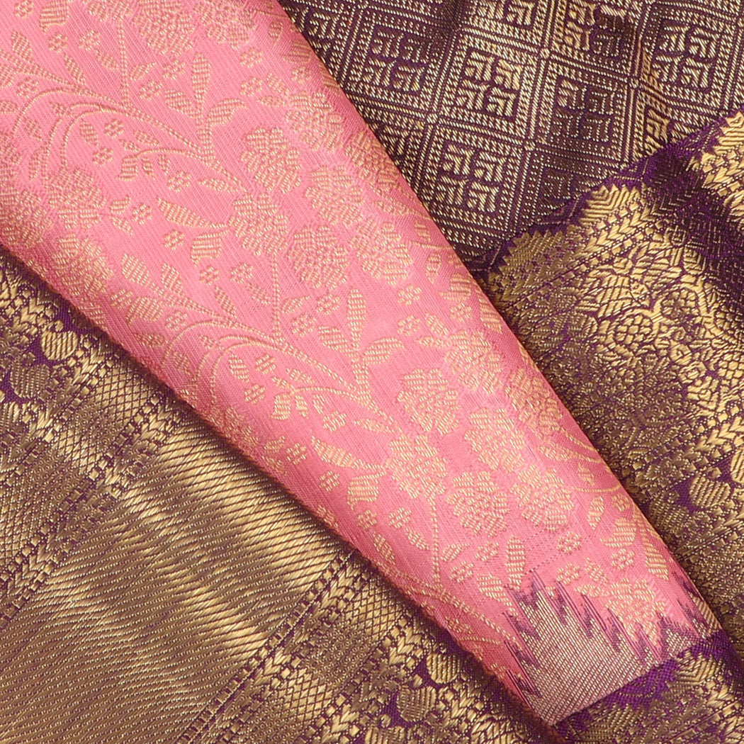 Salmon Pink Kanjivaram Silk Saree With Floral Pattern