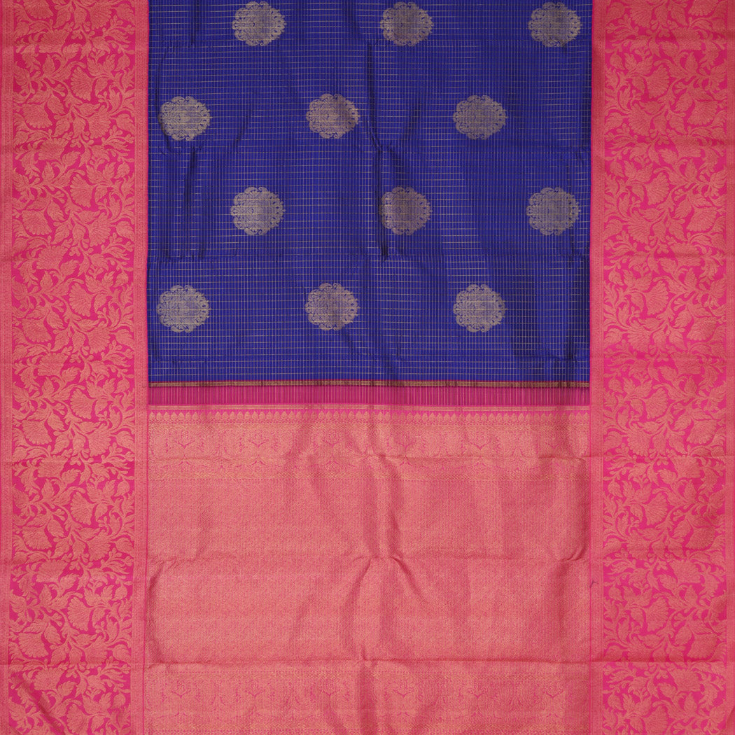 Dark Blue Kanjivaram Silk Saree With Floral Buttas