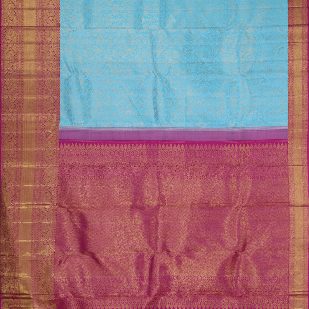 Bright Blue Kanjivaram Silk Saree With Floral Pattern