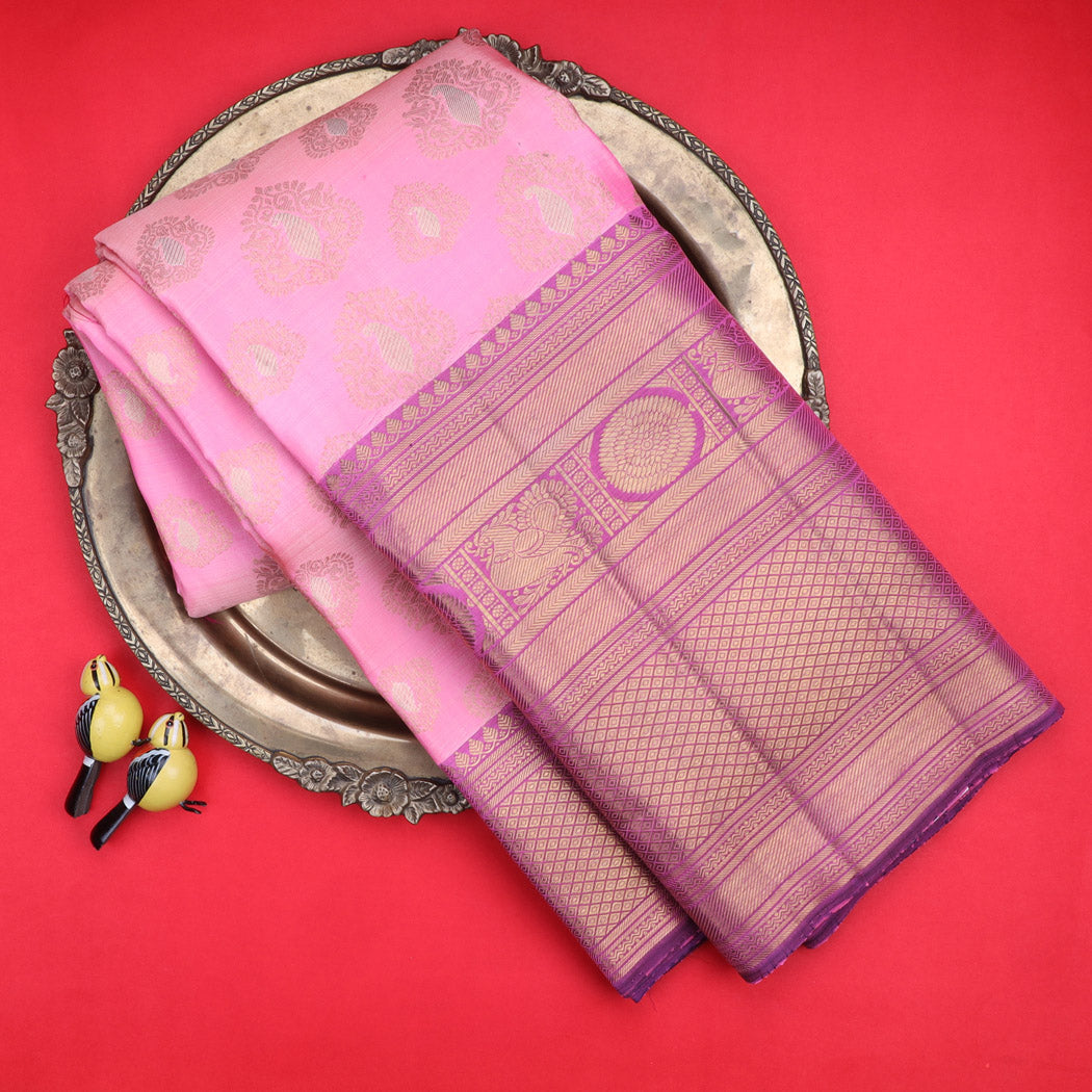 Bubblegum Pink Kanjivaram Silk Saree With Floral Motifs