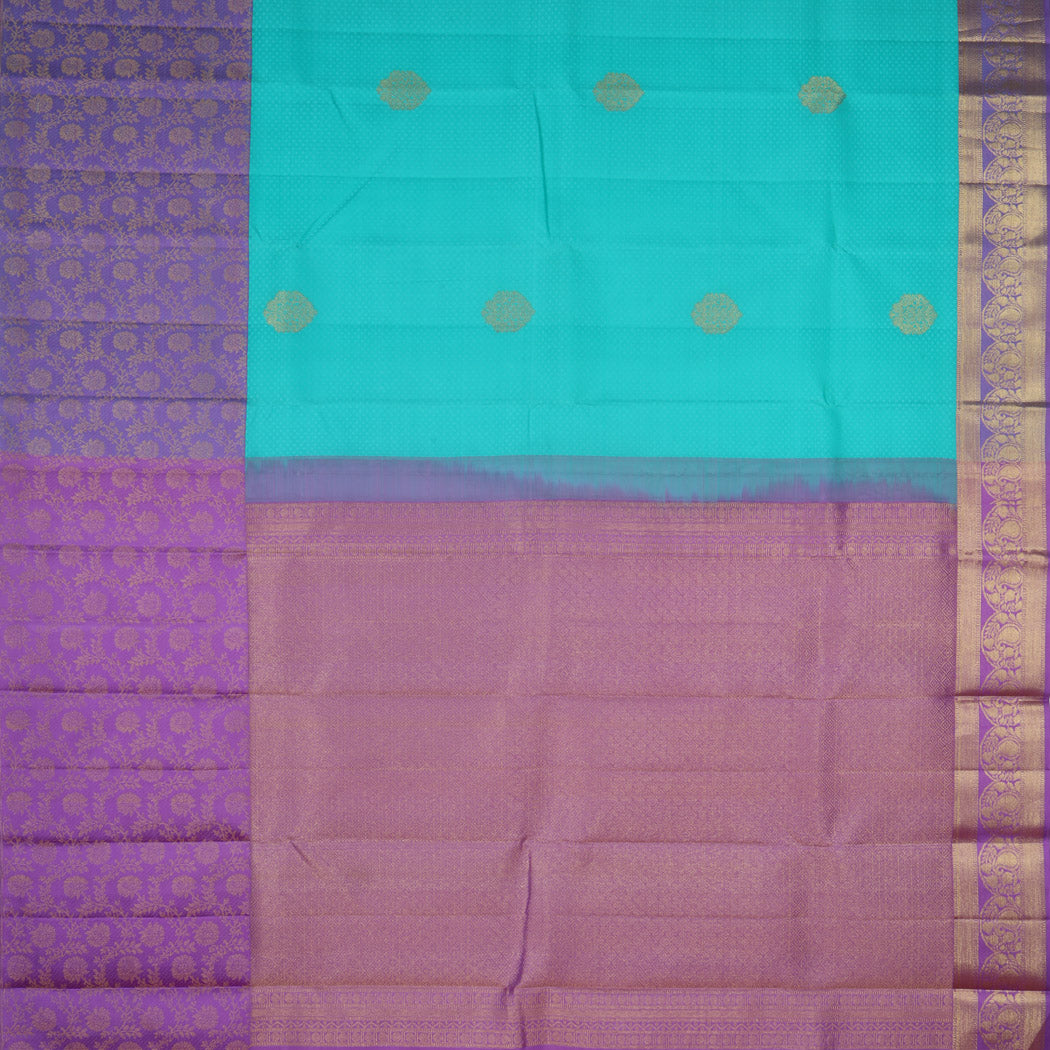 Bright Blue Kanjivaram Silk Saree With Floral Buttas