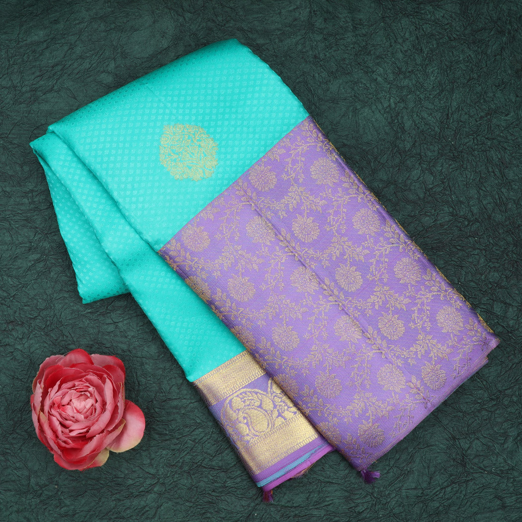 Bright Blue Kanjivaram Silk Saree With Floral Buttas
