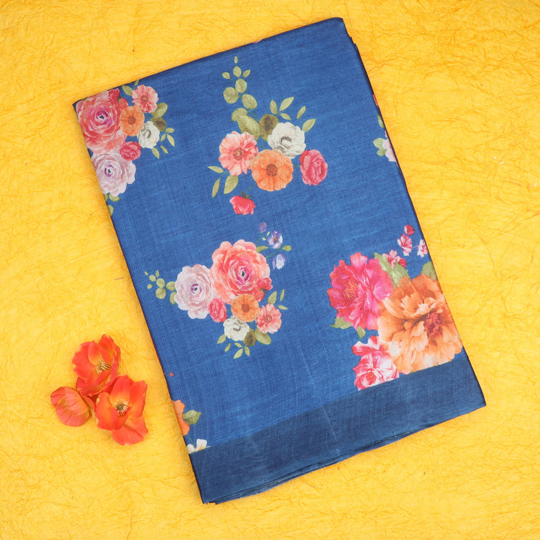 Dark Blue Tussar Saree With Printed Floral Motifs