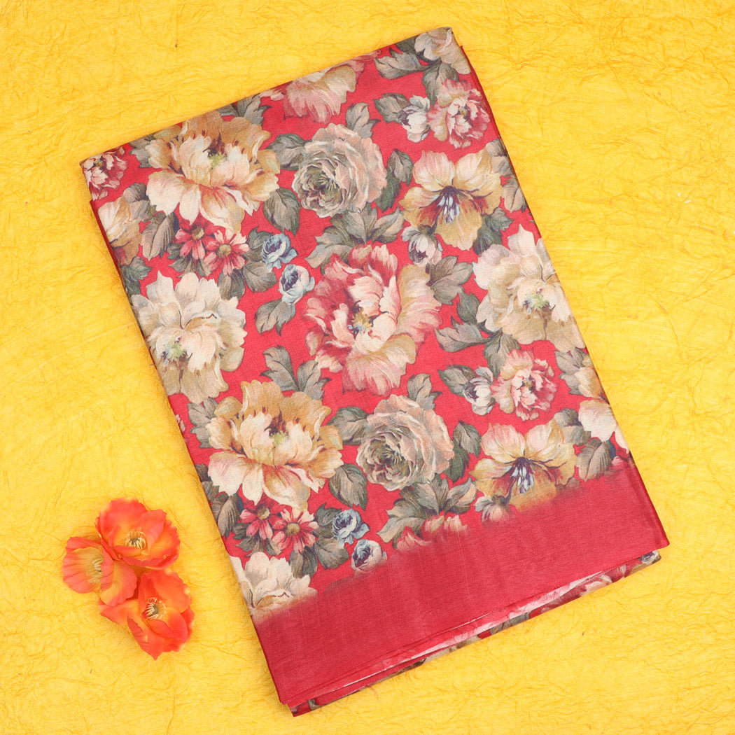 Brick Red Tussar Saree With Printed Floral Motifs