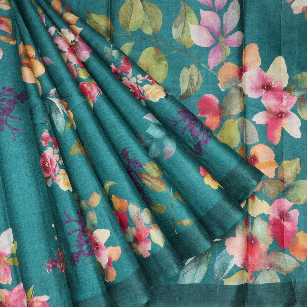 Teal Green Tussar Saree With Printed Floral Motifs