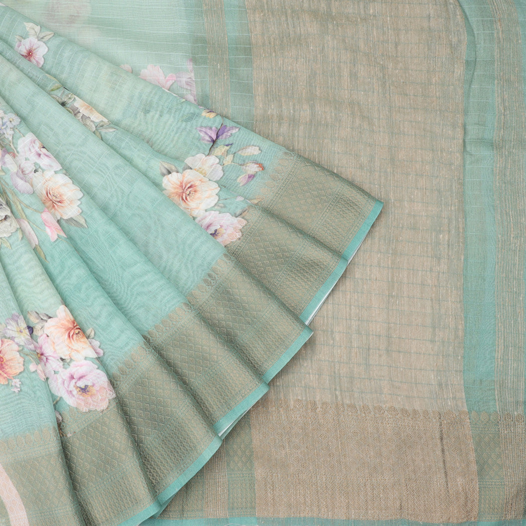 Teal Green Tussar Saree With Floral Printed Motifs