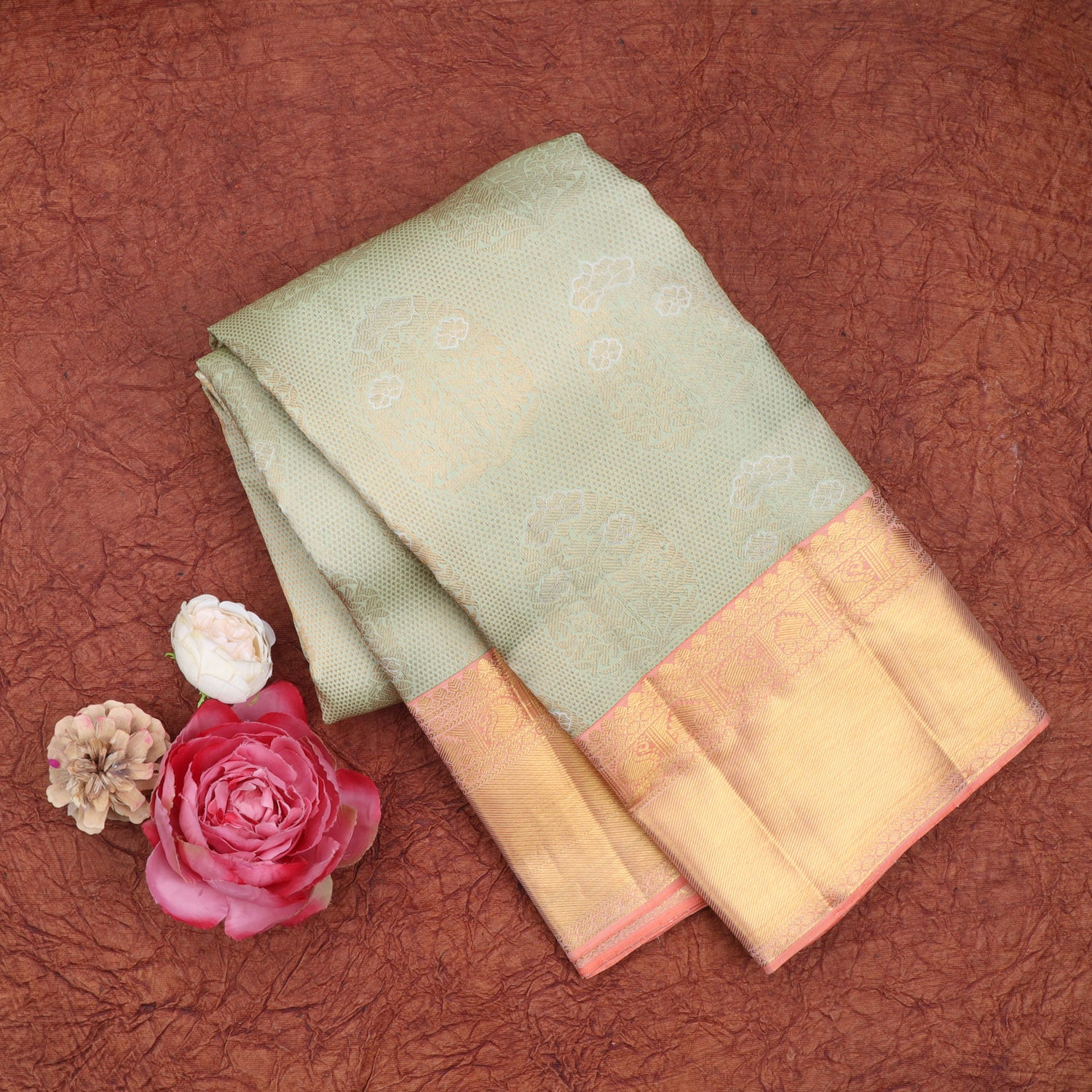 Sage Green Kanjivaram Silk Saree With Floral Design