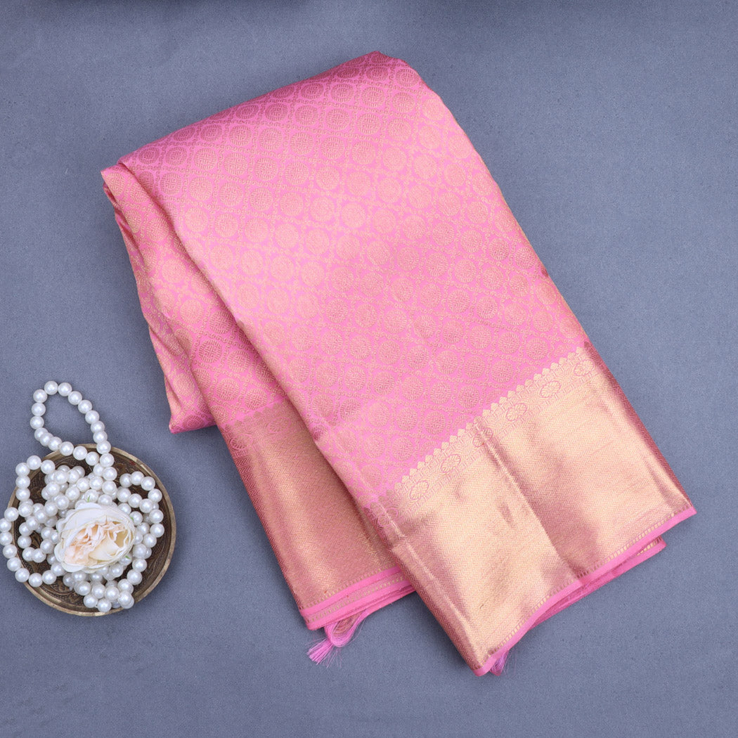 Flamingo Pink Kanjivaram Silk Saree With Rudraksha Motif Pattern