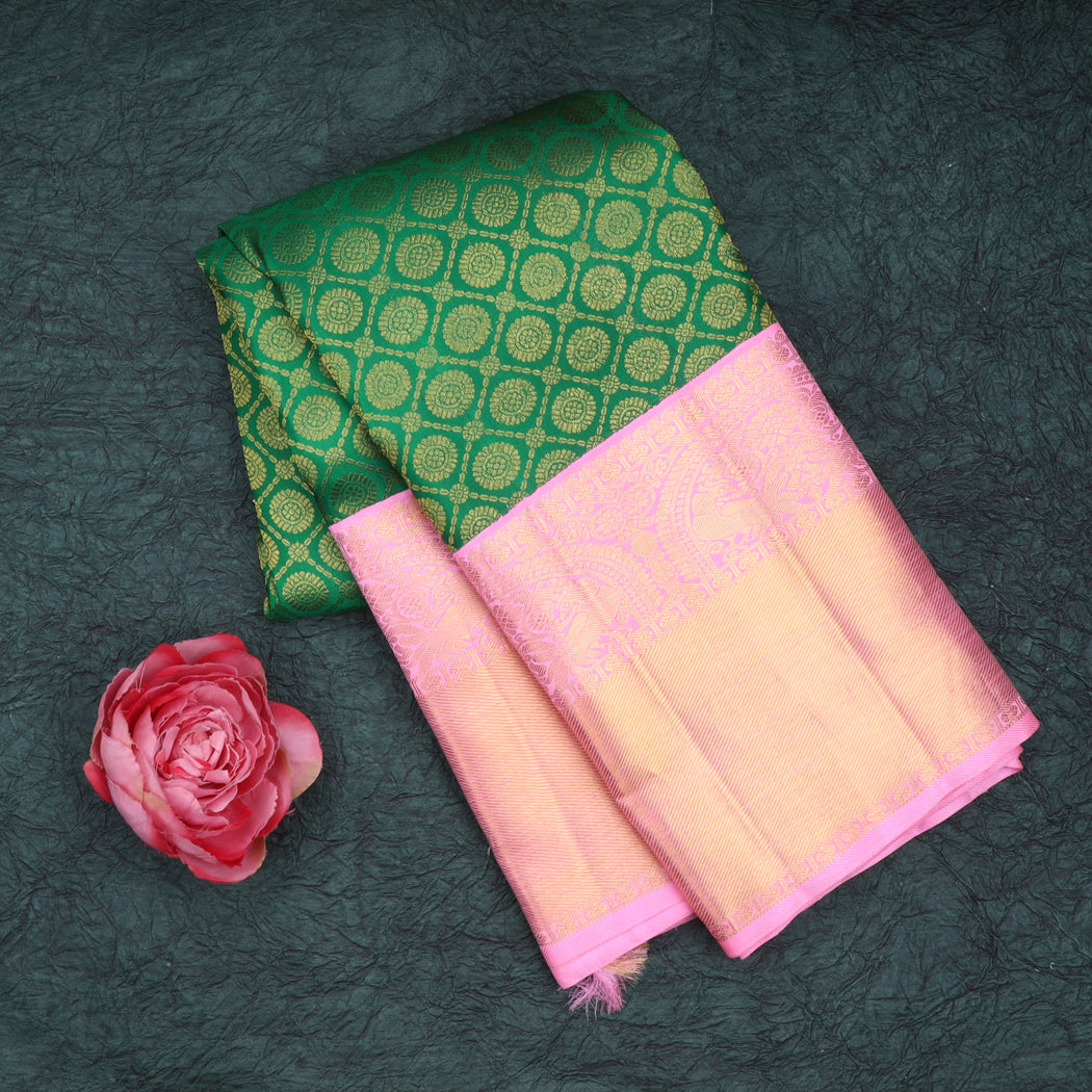 Dark Green Kanjivaram Silk Saree With Floral Buttis