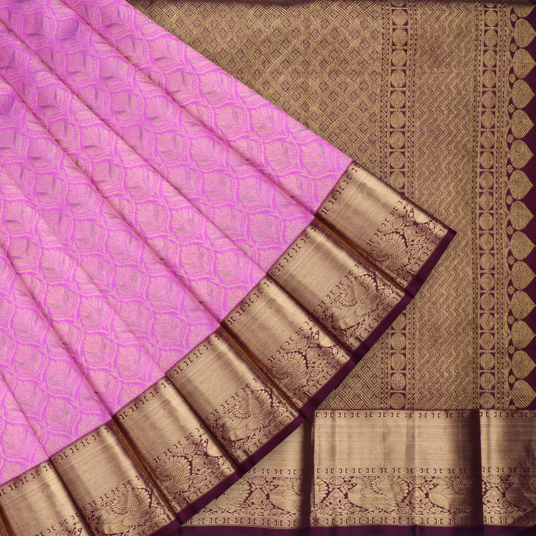 Bright Pink Kanjivaram Silk Saree With Floral Pattern
