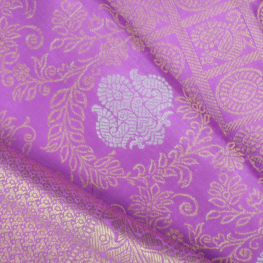 Vivid Pink Kanjivaram Silk Saree With Floral And Bird Pattern