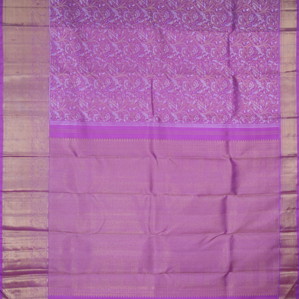 Vivid Pink Kanjivaram Silk Saree With Floral And Bird Pattern