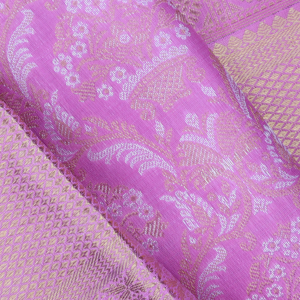 Bright Pink Kanjivaram Silk Saree With Floral Motif Pattern