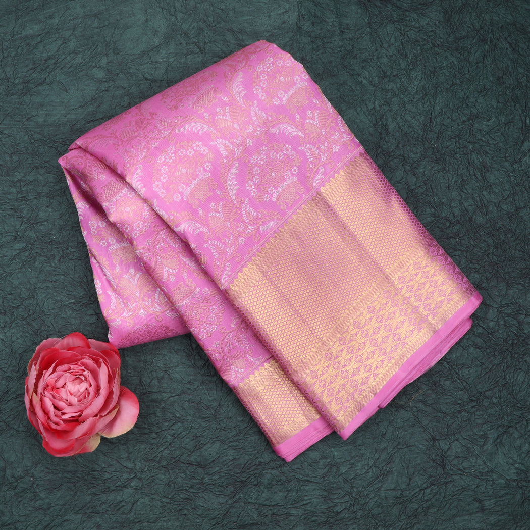 Bright Pink Kanjivaram Silk Saree With Floral Motif Pattern