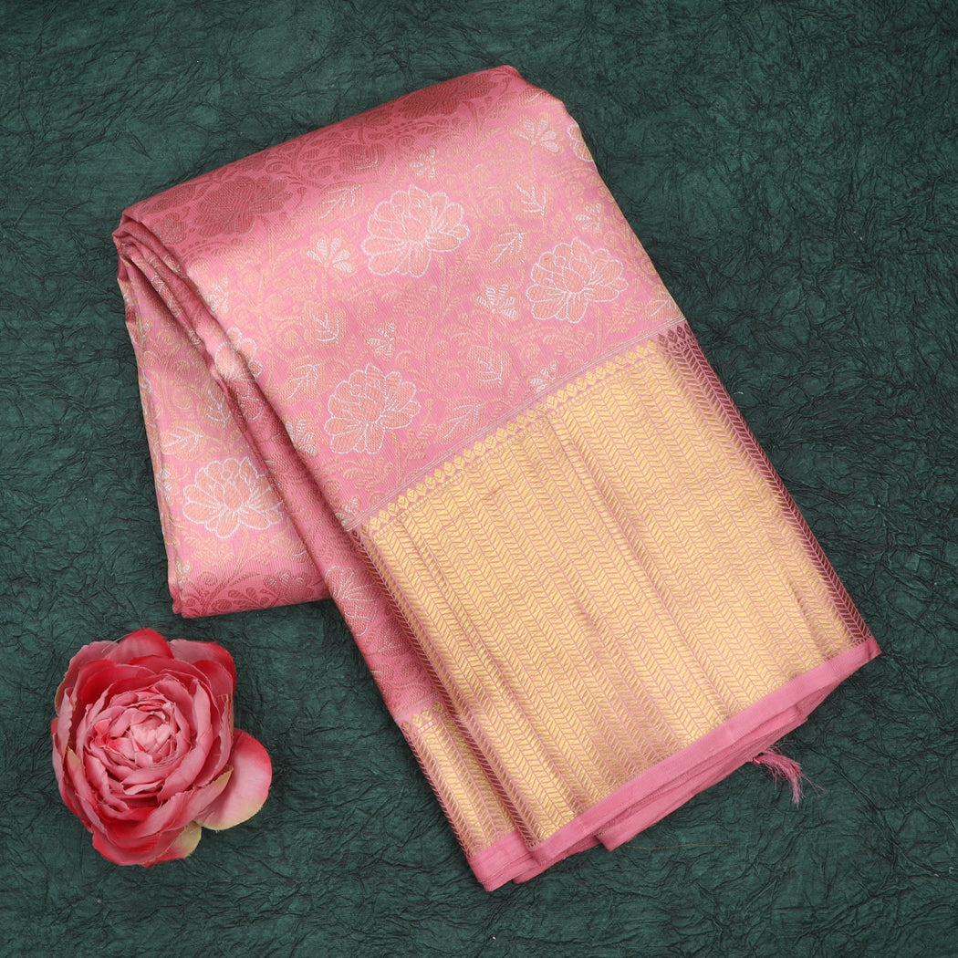 Light Pink Kanjivaram Silk Saree With Floral Pattern