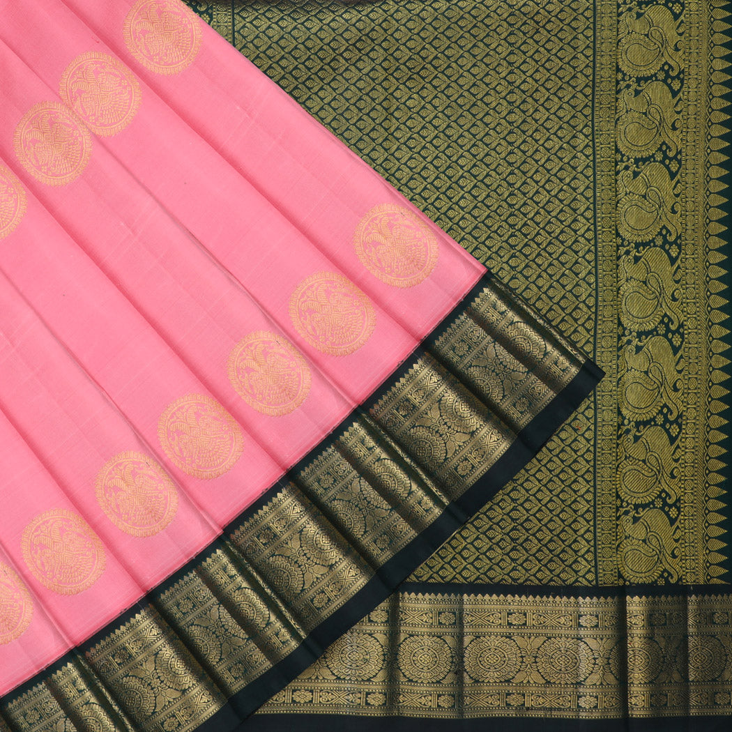 Flamingo Pink Kanjivaram Silk Saree With Iruthala Pakshi Chakra Motifs
