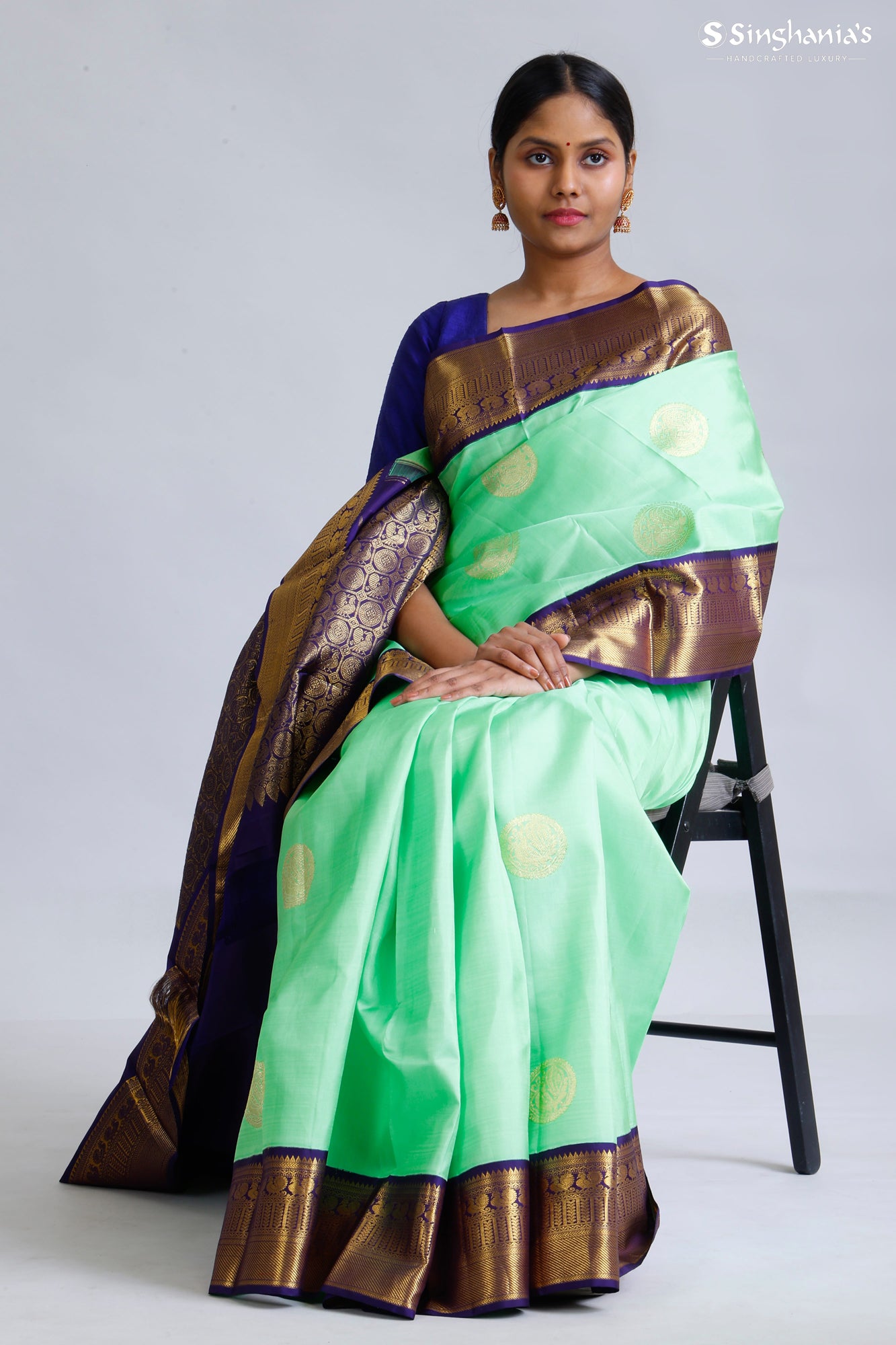 Seafoam Green Kanjivaram Silk Saree With Floral Chakra Motifs
