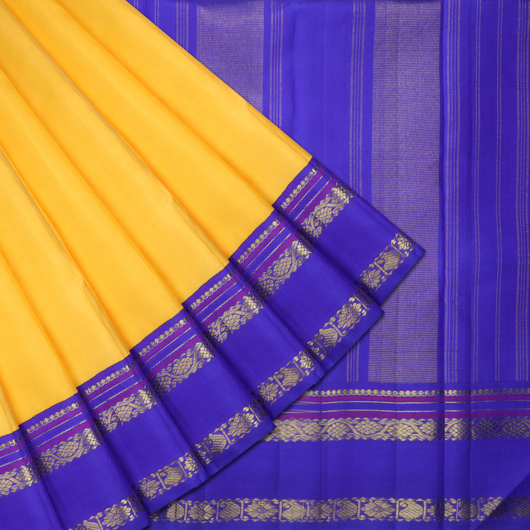 Bright Yellow Kanjivaram Silk Saree With Contrast Border