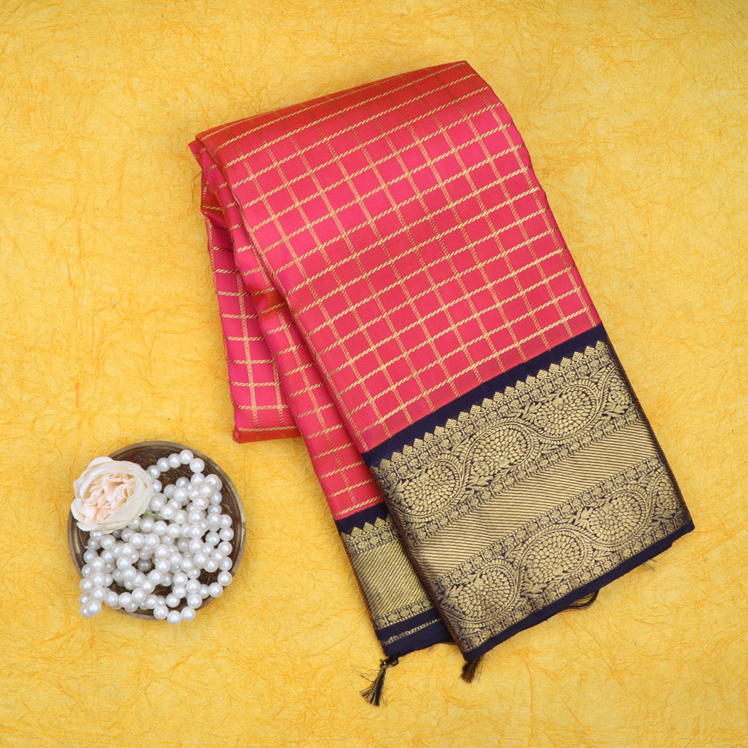 Bright Pink Kanjivaram Silk Saree With Checks Pattern