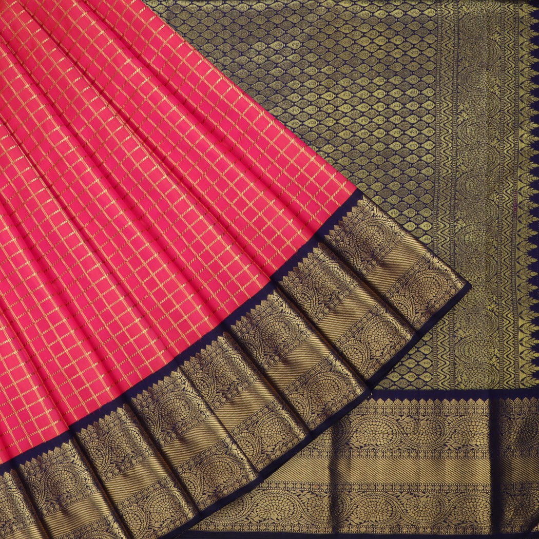 Bright Pink Kanjivaram Silk Saree With Checks Pattern