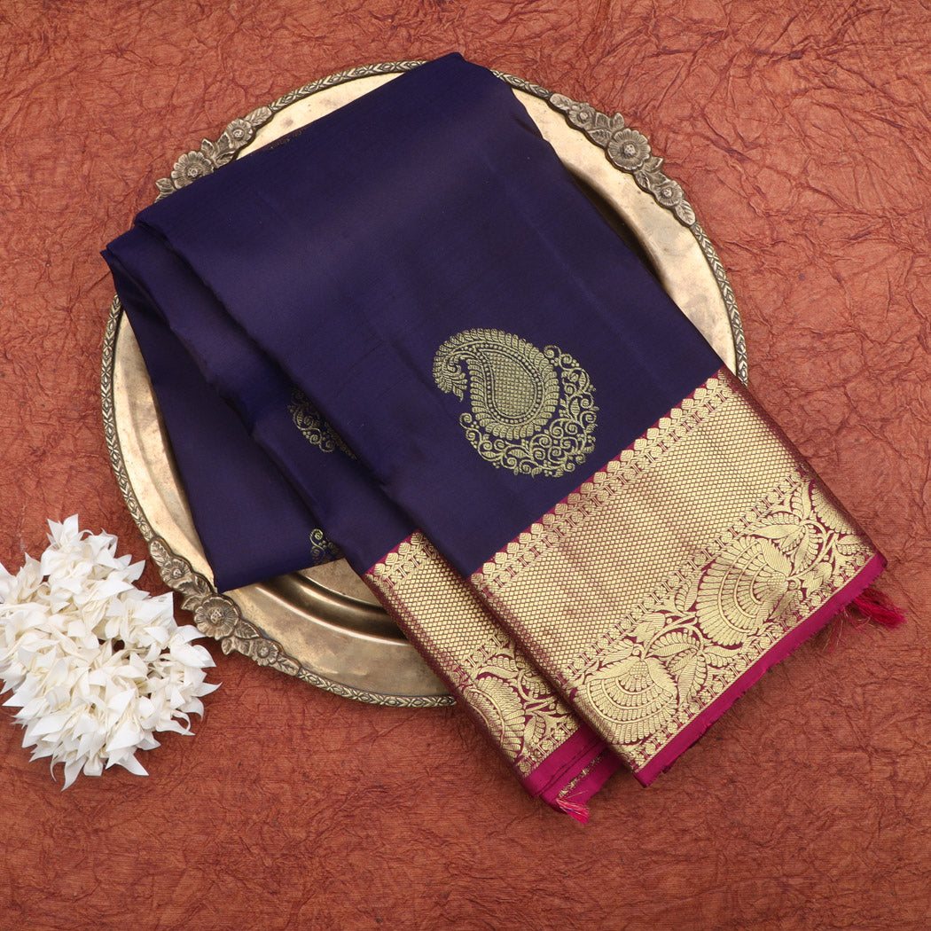 Dark Blue Kanjivaram Silk Saree With Floral Paisley Motifs